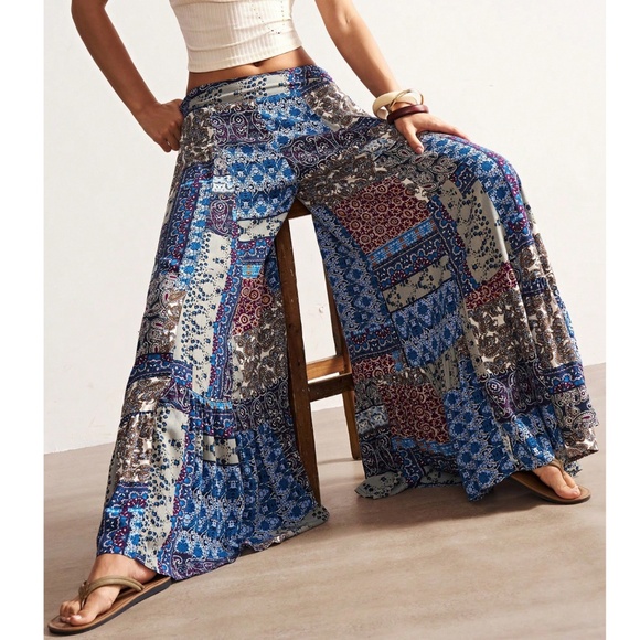 Boho Colorful Print Patchwork Wide leg Palazzo Pants - Picture 4 of 5